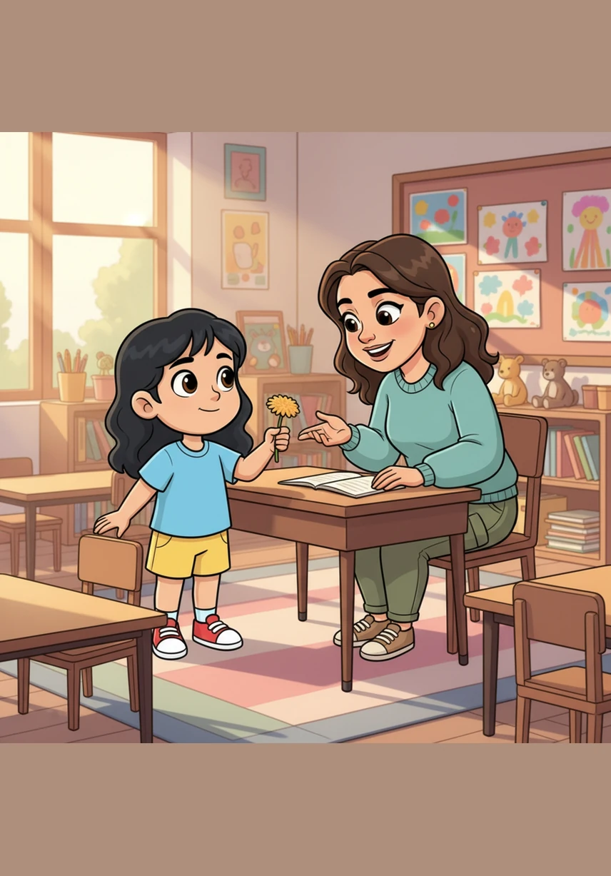 Maya se acerca a su maestra porque quiere decirle algo importante, pero la maestra está muy distraída y no le presta atención. Maya baja la mirada y se siente muy triste porque su voz no fue escuchada en ese momento.