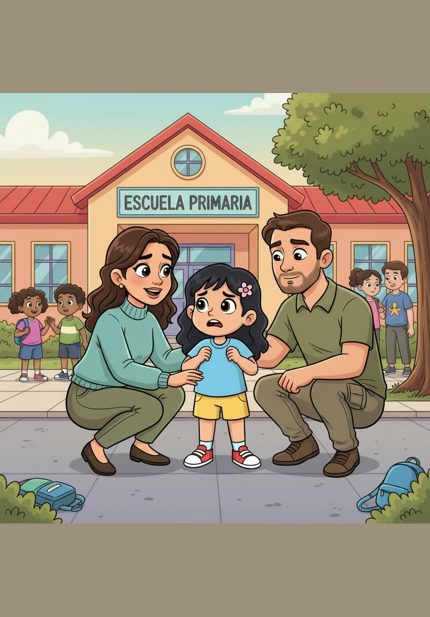 Al salir de la escuela, Maya les cuenta a sus papás lo que pasó y cómo se sintió cuando la maestra no la escuchó. Sus padres se agachan a su altura, la escuchan con empatía y deciden que deben hablar con la maestra.