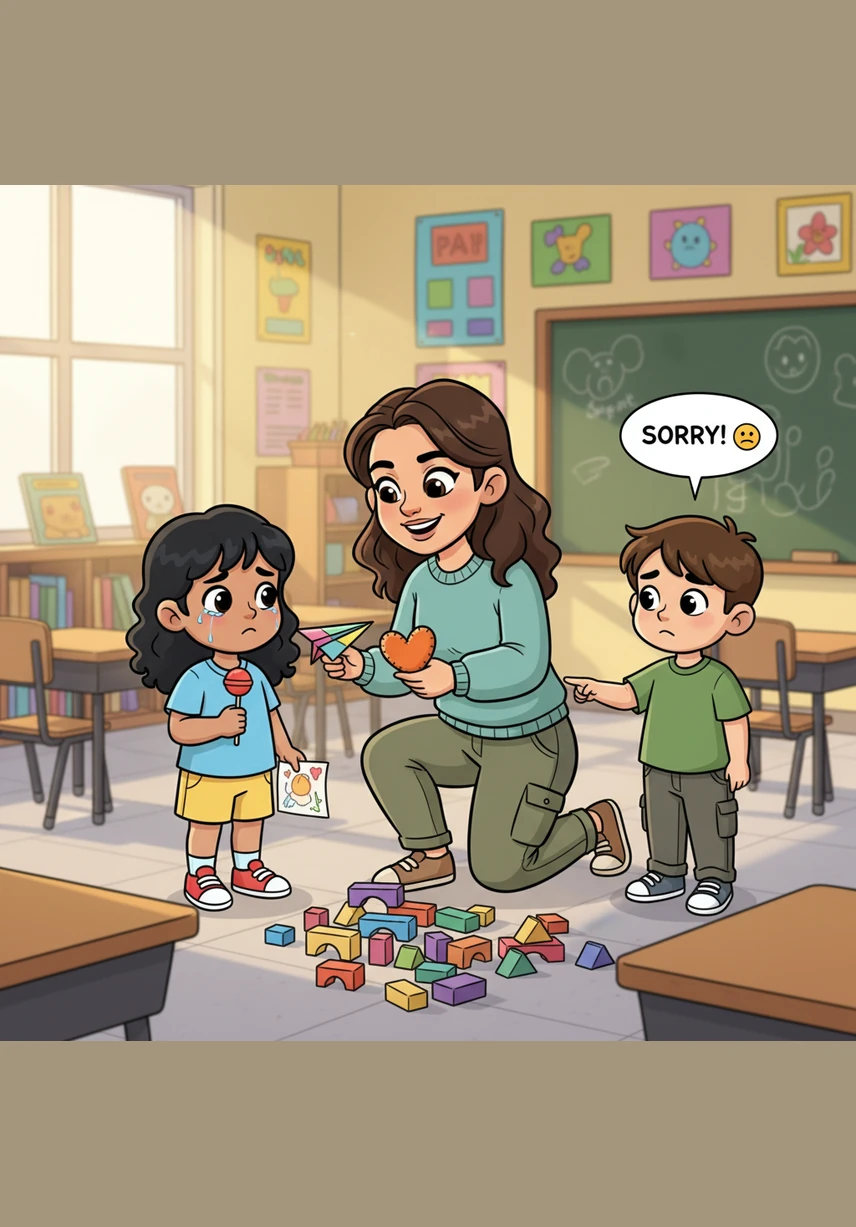 Los papás hablan con la maestra, quien comprende su error y le pide una sincera disculpa a Maya con una sonrisa amable. La maestra promete que siempre prestará atención a lo que ella tenga que decir, porque su voz es muy valiosa.