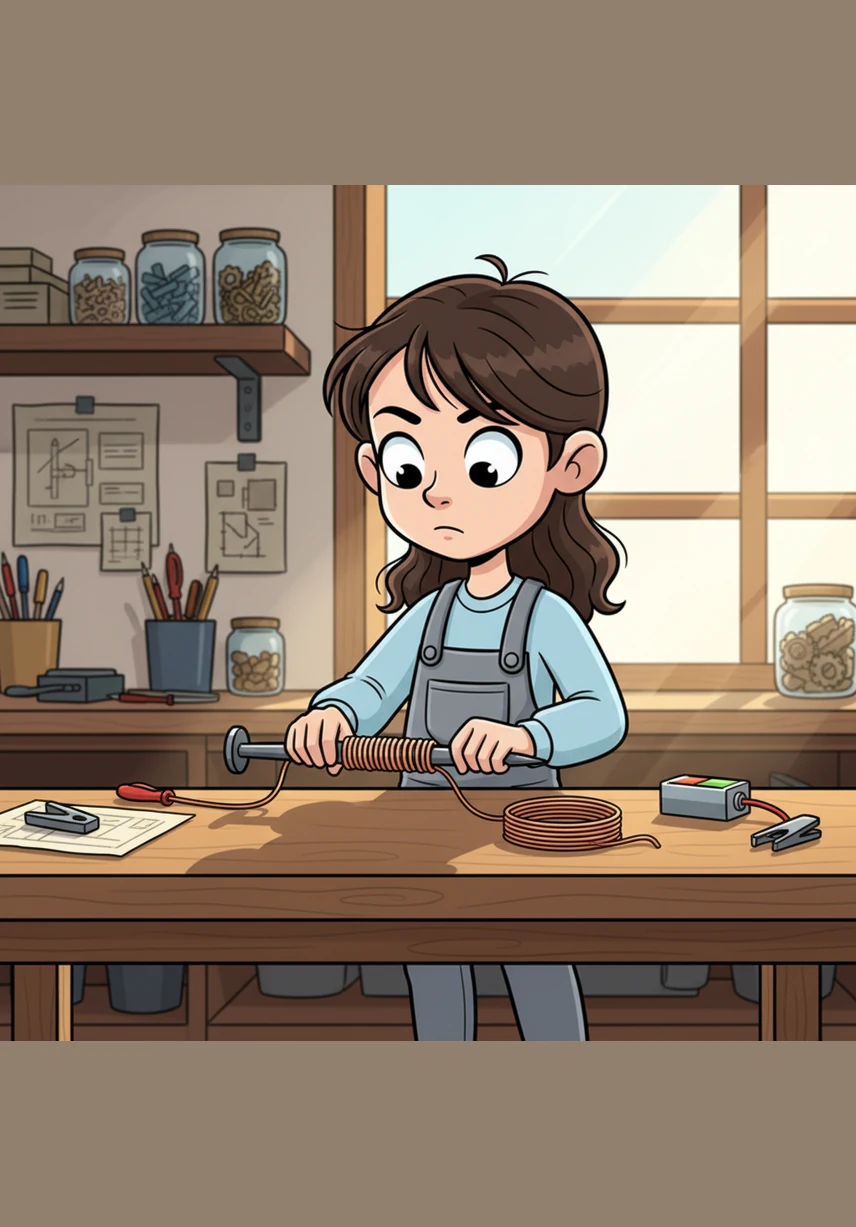 One sunny afternoon, Lian finds an iron nail, some copper wire, and a battery on her workbench. She decides to use these simple items to build her very own electromagnet.