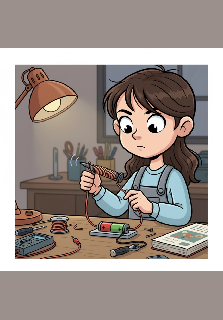 With steady hands, she carefully wraps the copper wire around the nail, creating a neat spiral from top to bottom. She then connects the two ends of the wire to the positive and negative terminals of the battery.