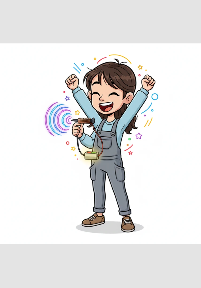 Lian cheers with excitement and shouts, 'It worked! The nail has truly become a magnet!' She watches in awe as her simple creation defies gravity using the power of electricity.