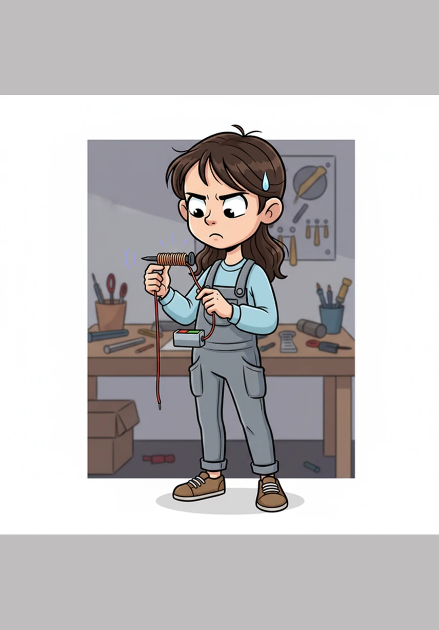 She remembers from her science lessons that adding more wire coils would increase the magnetic pull. She tries to wrap the wire again, but she quickly realizes that the wire is too short to make any more loops.