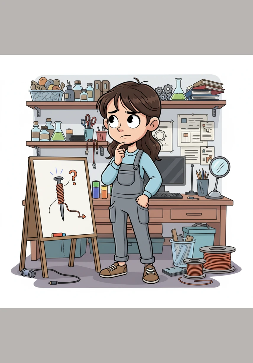 She asks herself how she can boost the magnetic force if she cannot add more coils to the nail. She begins to look around her workshop for other variables she might be able to change.