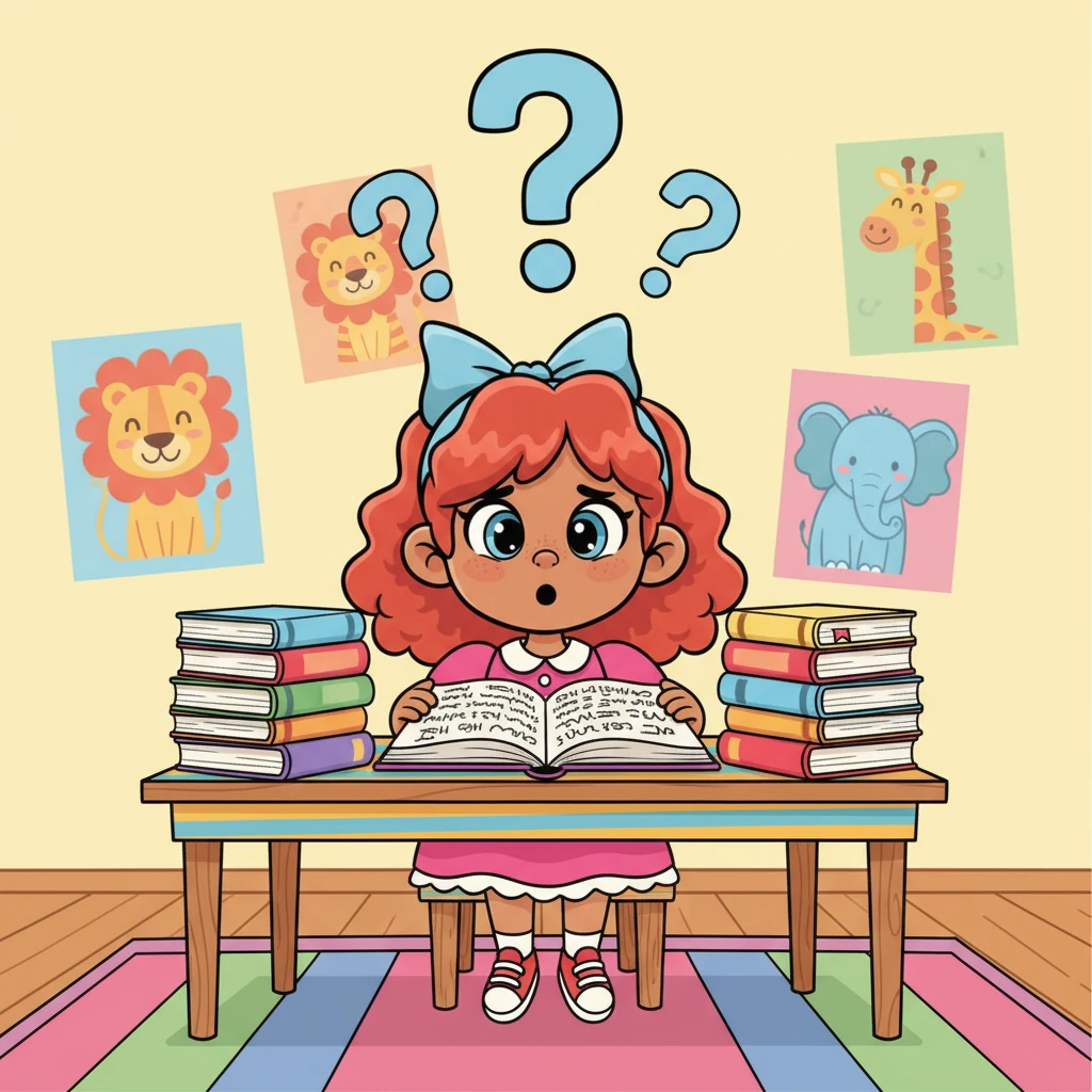 Lily, a small girl with wide, curious eyes and a bright pink dress, sits at a colorful desk overflowing with English books. Question marks float around her head as she looks a little bewildered, staring at a page full of unfamiliar words. Her room is a cheerful explosion of color, with playful animal posters on the walls.
