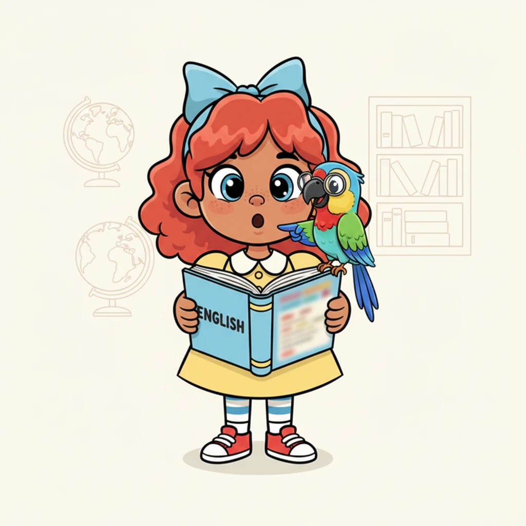Suddenly, a friendly, brightly colored parrot named Professor Polly, wearing tiny spectacles, perches on her shoulder. He points a tiny wing at an open English dictionary with a wise, encouraging smile. Lily's eyes widen in surprise, then sparkle with growing interest as Professor Polly lets out a cheerful chirp.
