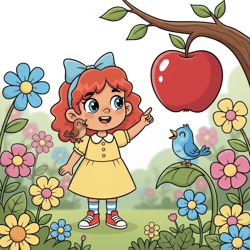 Lily and Professor Polly are now in a whimsical, exaggerated garden bursting with vibrant, oversized flowers and plants. Lily points excitedly at a big, shiny red apple, her face alight with understanding. Professor Polly chirps 'Apple!' next to a vibrant blue bird, reinforcing the new word with a happy squawk.