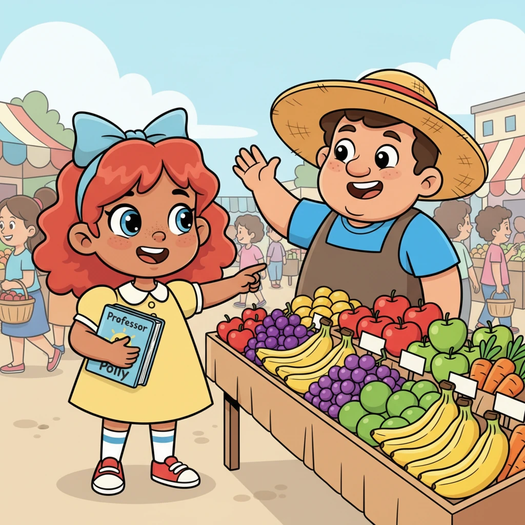 They venture into a bustling, cartoonish market, full of cheerful people and stalls piled high with colorful fruits and vegetables. Lily, holding Professor Polly, confidently points to a bunch of bright yellow bananas, exclaiming 'Banana!' She then waves 'Hello!' to a friendly vendor with a big, round hat and a warm smile.
