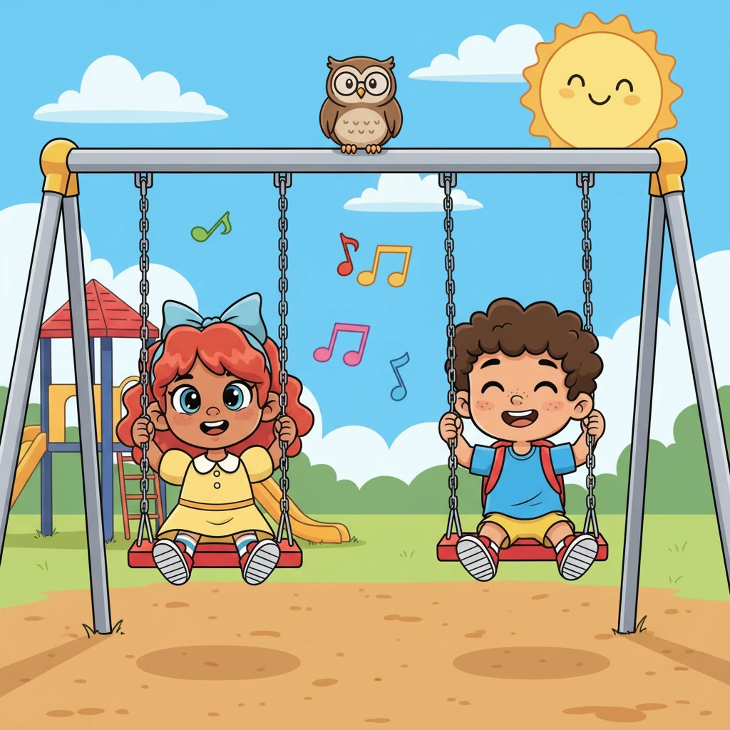 On a sunny, energetic playground, Lily is happily chatting and laughing with another child, both swinging high on the swings. Professor Polly is perched on the swing set nearby, giving a proud nod, his tiny spectacles glinting in the sun. The scene is filled with dynamic motion and the joyful sounds of play.