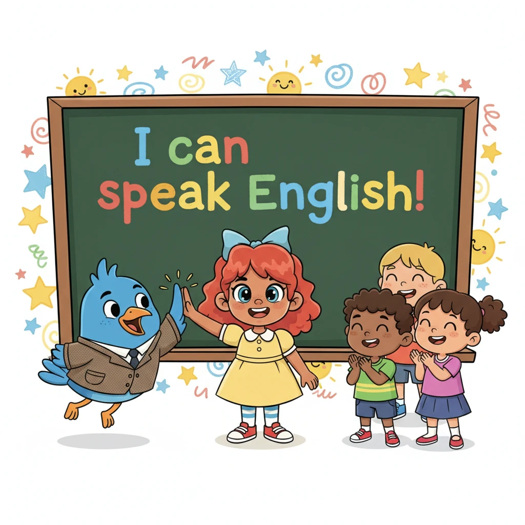 Lily, now beaming with confidence, stands proudly in front of a big blackboard with 'I can speak English!' written in colorful, bold chalk. Professor Polly gives her a congratulatory high-five with his wing, while a diverse group of smiling children clap for her. Bright stars and happy doodles fill the background, celebrating her achievement.