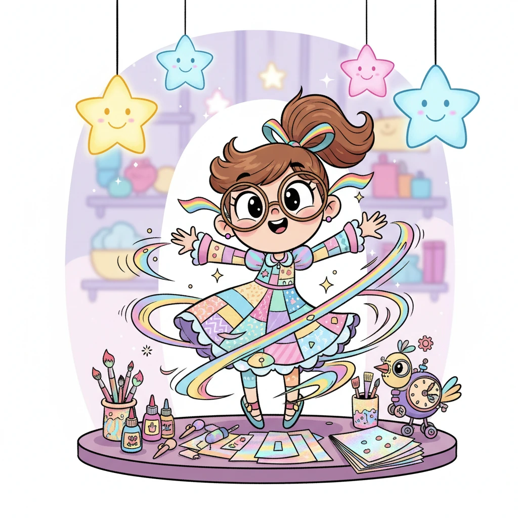 Gifty Sparkle, a cheerful character with oversized glasses and a bouncy ponytail, whirls around her magical workshop. Rainbow-colored ribbons float in the air, and stacks of shimmering paper glow under a ceiling adorned with giant, smiling stars. Her desk is a playful mess of glitter, glue, and half-finished whimsical gadgets.