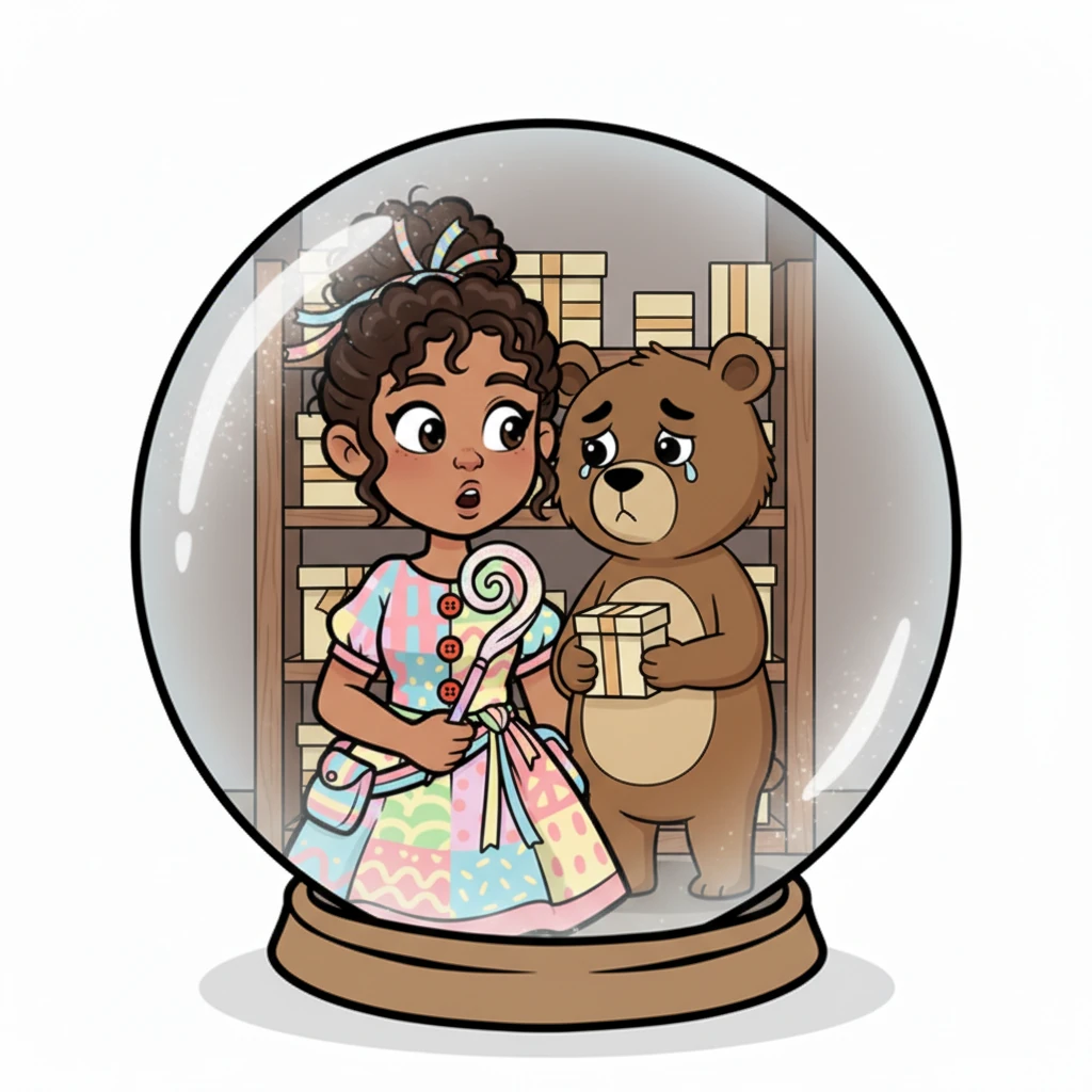 Suddenly, Gifty peeks through a giant, sparkling crystal ball, which acts as her window to the world. She sees a little bear named Barnaby, looking quite glum, trying to pick out a birthday gift from a rather dull, ordinary shelf. His ears droop, and a tiny tear threatens to fall.