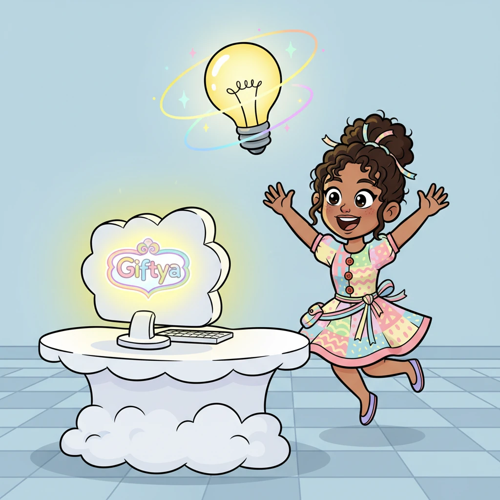 A brilliant idea pops above Gifty's head like a cartoon lightbulb! With a joyful squeal, she bounces to her super-speedy, cloud-shaped computer. The screen glows a warm, inviting yellow, displaying the magical "Giftya" logo in a swirl of happy colors.
