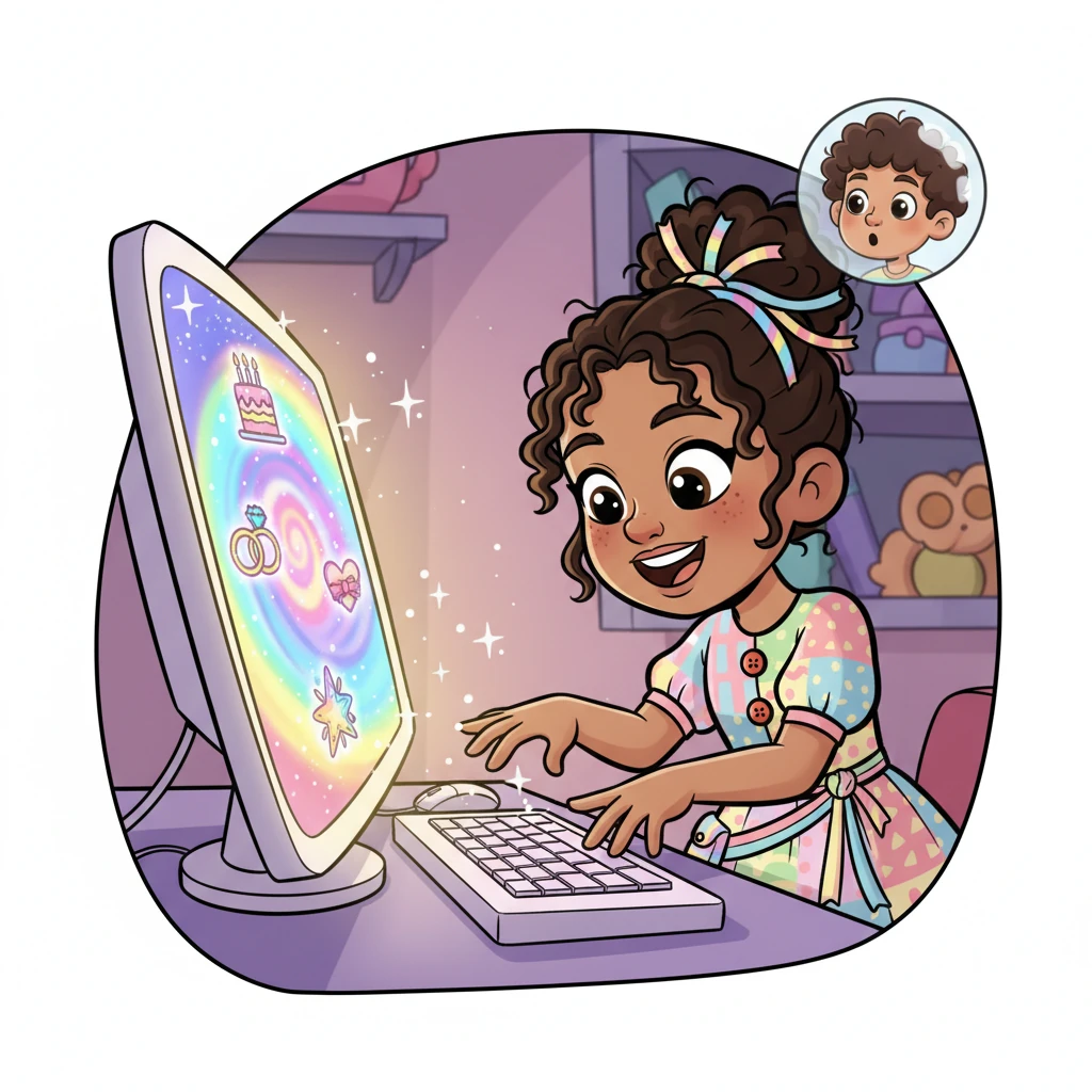 Gifty's fingers dance across the keyboard, and the screen transforms into a vibrant wonderland of gift categories. Sparkly icons for "Birthdays," "Anniversaries," "Thank You," and "Just Because" twinkle and beckon. Barnaby's face, now projected onto a small floating bubble, starts to show a hint of curiosity.