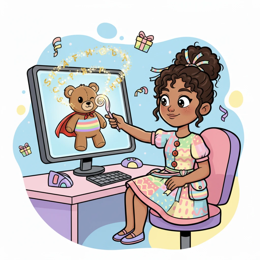 With a flick of her wrist, Gifty selects a plain teddy bear on the screen and begins to customize it. She adds bright stripes, a tiny superhero cape, and even Barnaby's name in swirly, golden letters. The digital bear winks playfully as each new detail appears.