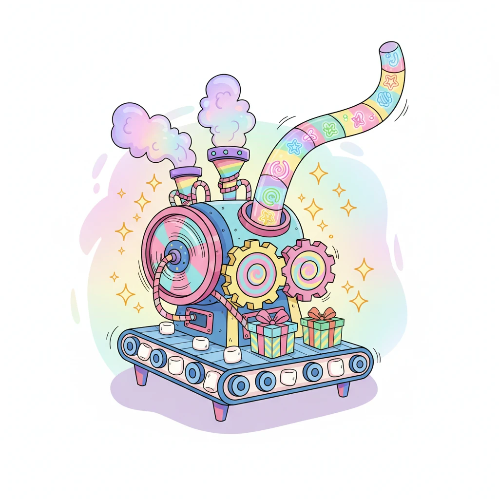 The customized design zips through a rainbow pipeline into Gifty's fantastical gift-making machine. Gears made of lollipops spin, marshmallow conveyor belts whir, and puffs of sweet-smelling smoke billow out. Magical sparks fly as the machine hums with creative energy.