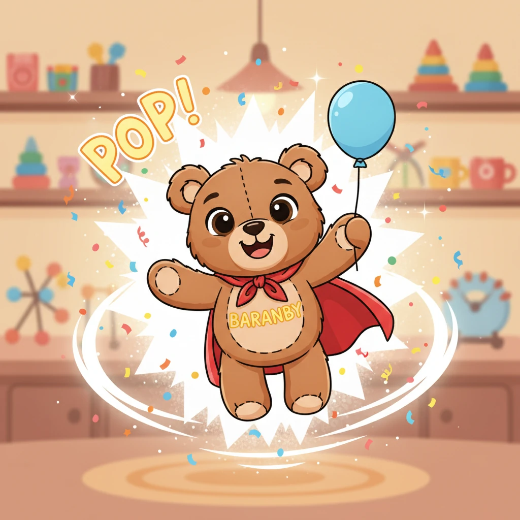 With a triumphant "POP!", the newly crafted, one-of-a-kind teddy bear emerges, perfectly formed and beaming. It has Barnaby's name embroidered on its cape and holds a tiny, cheerful balloon. The bear floats gently, ready for its grand adventure.