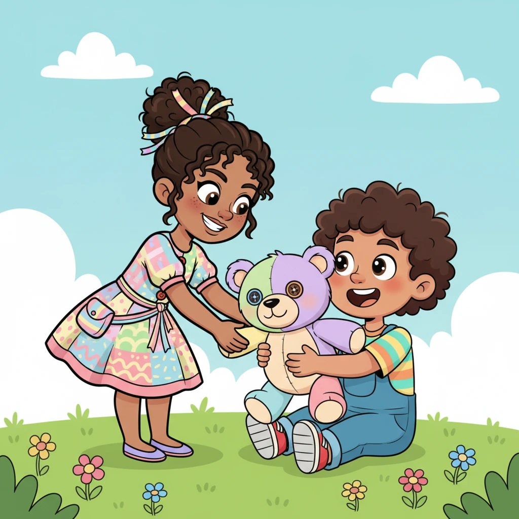 Gifty, with a mischievous grin, gently places the custom bear right in front of Barnaby. His eyes widen in surprise, then sparkle with pure delight as he hugs the bear tightly. All traces of glumness vanish, replaced by an enormous, joyful smile.