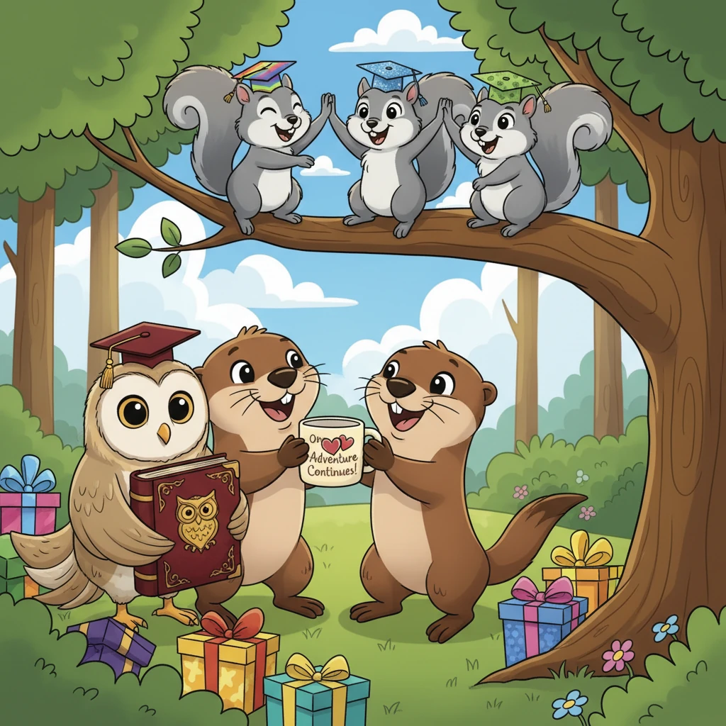 The scene widens to show other happy recipients: a pair of giggling otters admiring their personalized anniversary mug, a wise old owl clutching a custom-engraved book, and a group of high-fiving squirrels with their unique graduation caps. Each gift perfectly matches the receiver's personality, bringing immense joy.