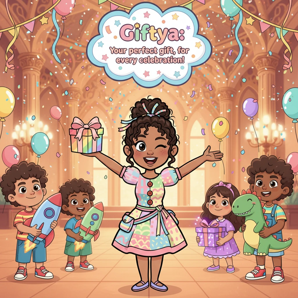 Gifty stands proudly at the center of a grand, colorful celebration, surrounded by all the happy characters and their wonderful, personalized gifts. Confetti rains down in a sparkling shower, and the "Giftya" logo shines brightly above her. "Giftya: Your perfect gift, for every celebration!" she declares with a cheerful wink.