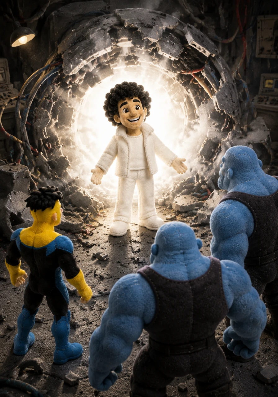 The machine collapses inward into a blinding point of white light, and a man with curly black hair and a white jacket steps out. He wears a wide, innocent smile, looking around the ruined laboratory with the wide-eyed wonder of a child seeing the world for the first time.