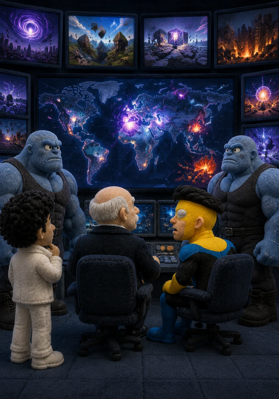 Inside the Global Defense Agency, Cecil Stedman and Donald stare at monitors showing chaotic energy readings that defy all known physics. The screens display matter being rewritten at random across the globe, signaling the arrival of a being far more unpredictable than any Viltrumite.