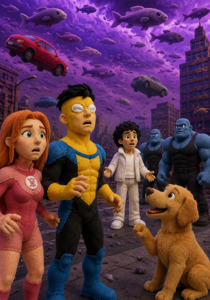 Mark Grayson and Eve watch in disbelief as the sky over their city turns a deep shade of purple and the clouds transform into schools of swimming fish. Gravity loses its grip, sending cars drifting into the air while a nearby dog begins to converse politely in fluent French.