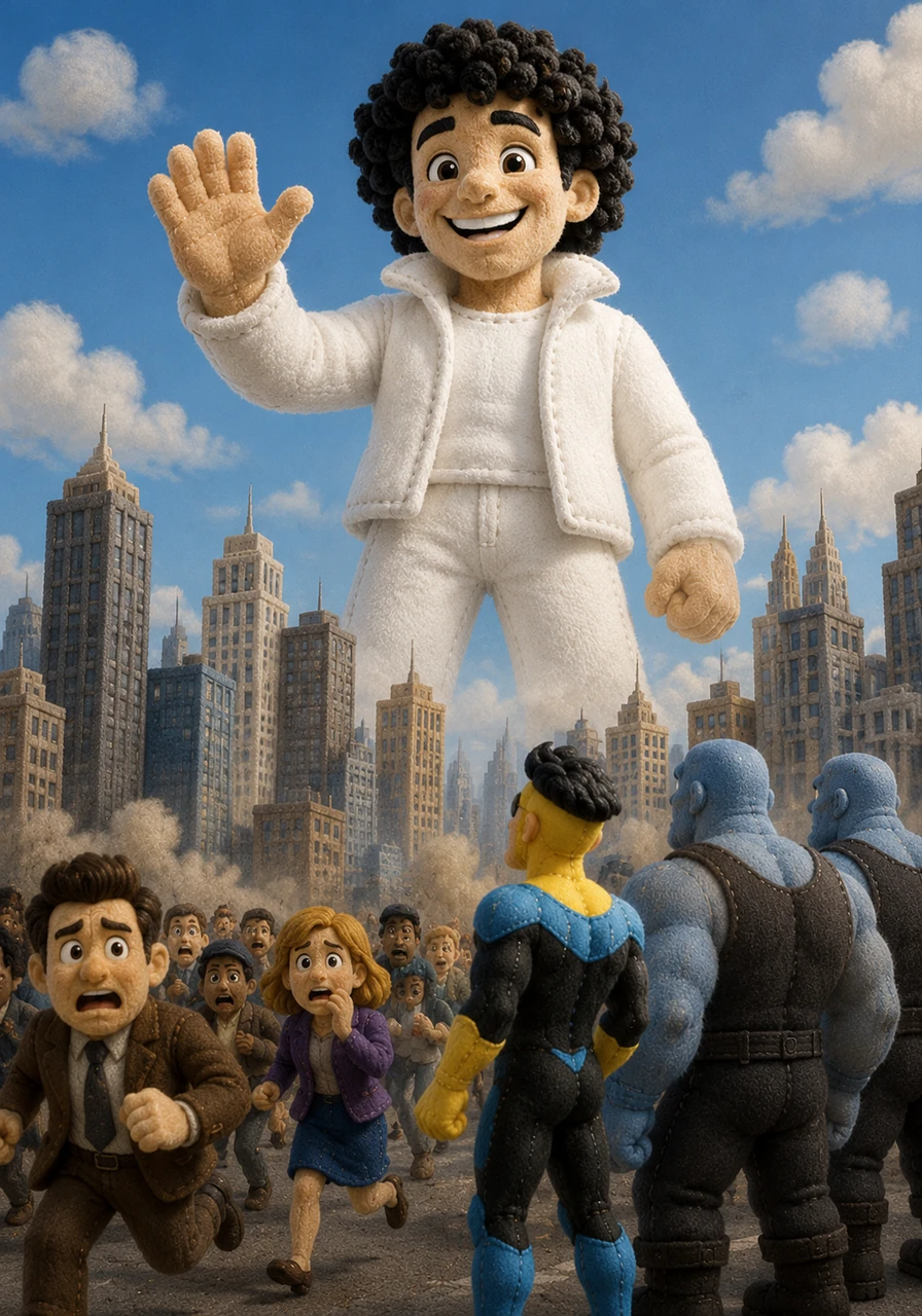 A massive, fifty-foot-tall version of the smiling man appears above the downtown skyscrapers, his voice echoing like thunder across the city. He waves a giant hand at the panicked crowds below, announcing to the world that he has arrived and is looking for new friends to play with.