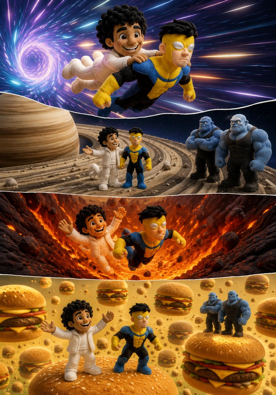 The Beyonder grabs Invincible by the shoulders and whisks him through a dizzying blur of dimensions in the blink of an eye. They stand on the rings of Saturn, plunge into the heart of a volcano, and finally land on a planet made entirely of giant, floating cheeseburgers.
