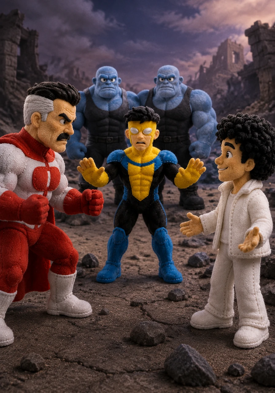 Mark stands between his father and the cosmic visitor, trying to explain that the Beyonder isn't malicious, just misunderstood. However, Omni-Man prepares for battle, sensing that a being with the power of a god and the mind of a child is the most dangerous threat the universe has ever faced.