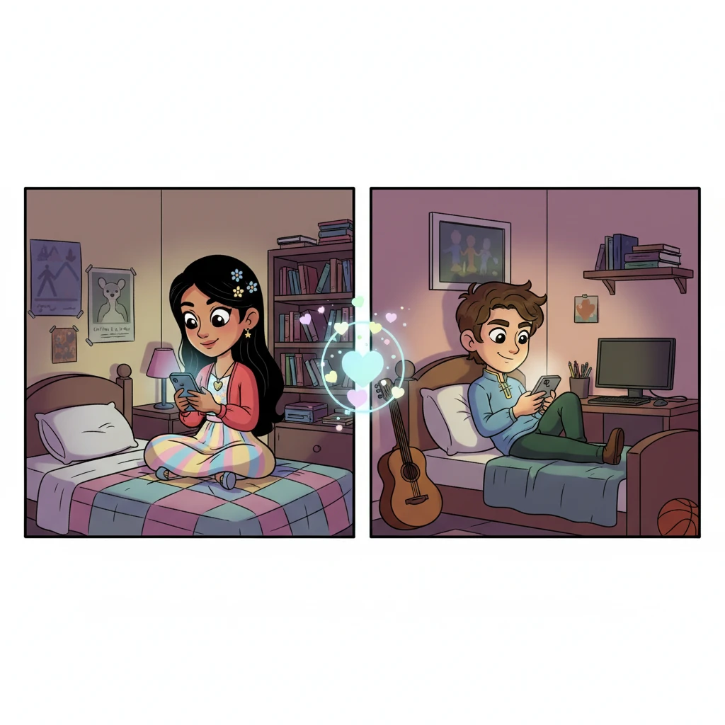 High school, late at night, Pranjali and Aarush are seen in separate rooms, their faces softly illuminated by the glow of their individual phone screens. They are typing messages, their younger, simplified anime features hinting at a burgeoning, unspoken connection that slowly grows through casual online chats.