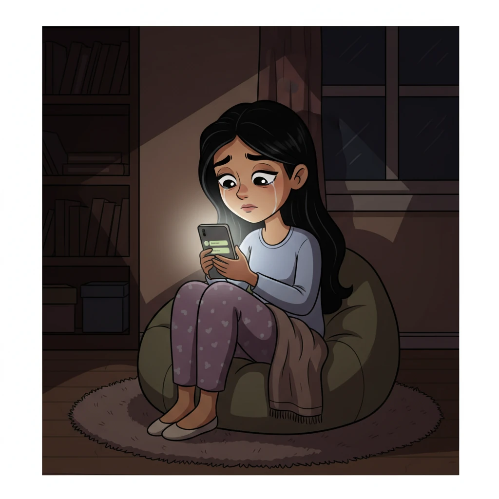 Years later, Pranjali is curled up in a dimly lit room, her face etched with exhaustion and recent tears, bathed in the stark, singular glow of her phone screen. Her thumb hovers over Aarush's chat, a brave decision forming as she prepares to pour out her heart, the screen's light casting dramatic shadows.