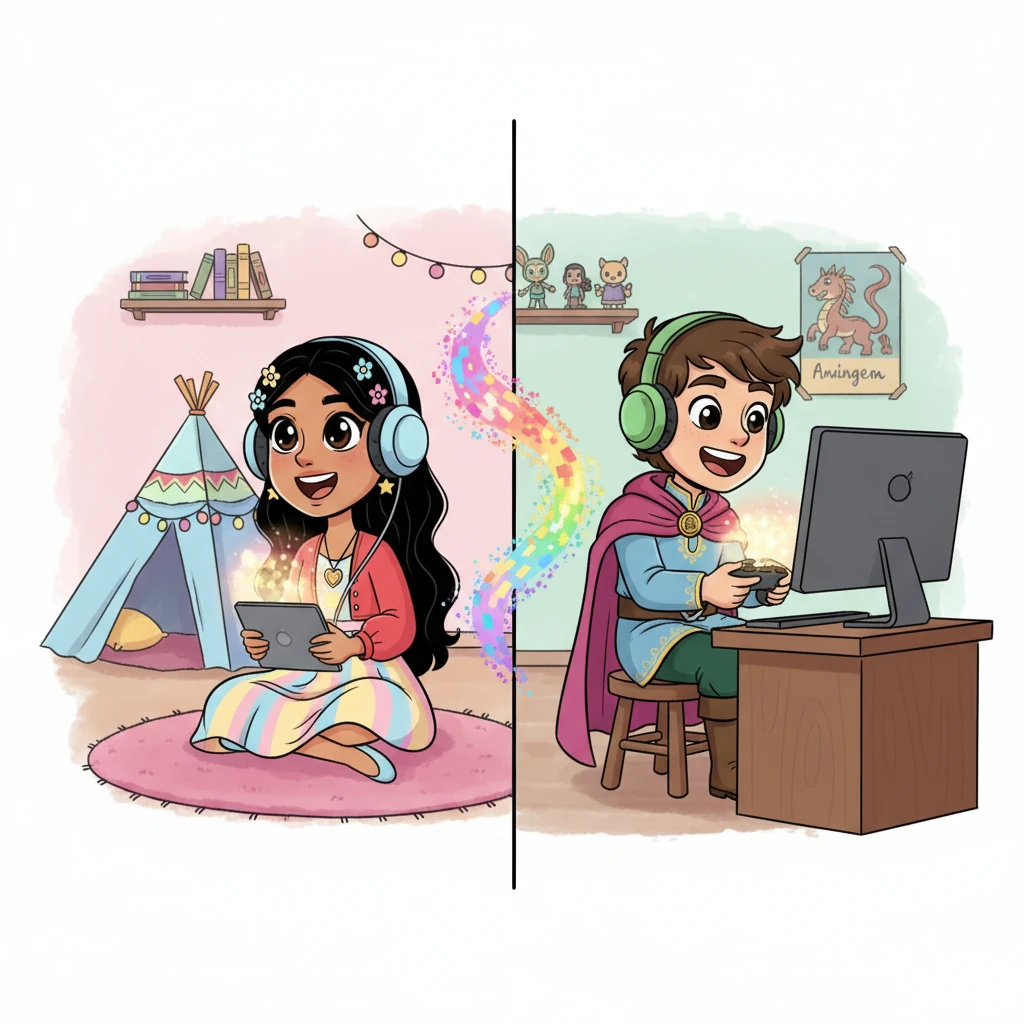 A split-screen composition shows Pranjali and Aarush, each in their own cozy space, engrossed in a video call or online game, laughing joyfully through headphones. Soft, glowing light emanates from their screens, highlighting their expressive anime eyes as they share a moment of pure, unadulterated digital connection, the background subtly blurring into soft watercolor washes.
