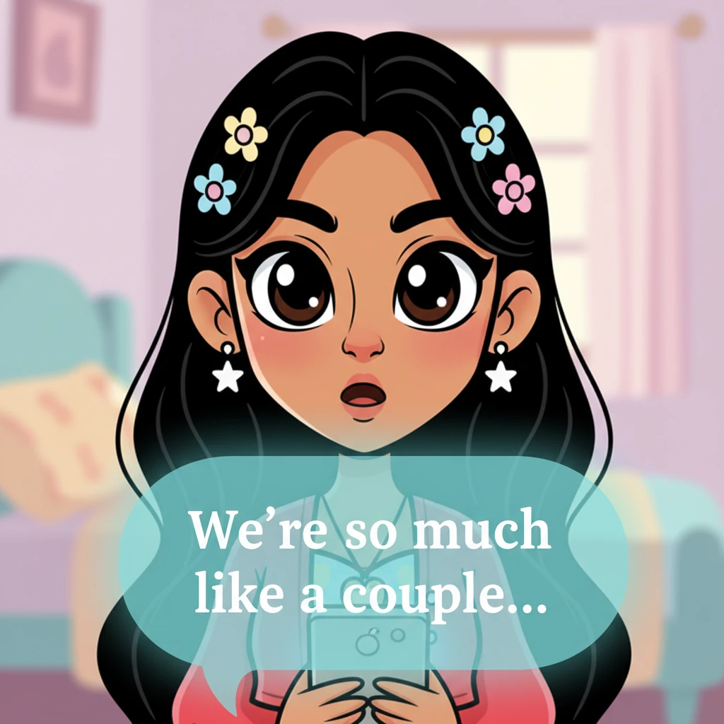 Pranjali's face is captured in an emotional close-up, her anime eyes wide with surprise and a blush creeping onto her cheeks, bathed in the ethereal glow of her phone. A prominent chat bubble dominates the foreground, displaying Aarush's simple yet profound confession: 'We’re so much like a couple… so are we?' The moment feels suspended in time, cinematic and deeply personal.