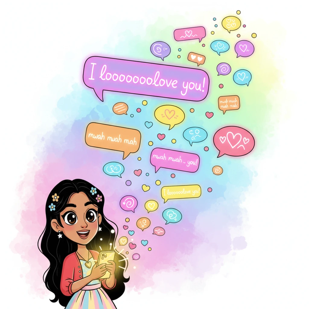 A vibrant montage of glowing chat bubbles and text messages floats across the scene, filled with exaggerated 'I loooooooooooooove you' and paragraphs of 'mwah mwah mwah.' Pranjali's joyful, expressive face is visible in the corner, illuminated by her phone, reflecting the playful and loud rituals of their digital affection. The background is a soft, dreamy watercolor wash of colors.