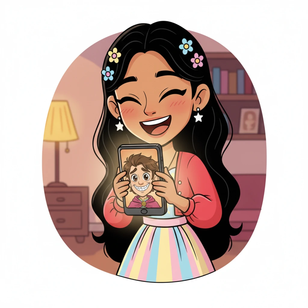 Pranjali is seen mid-laughter, a genuine, radiant smile on her face, leaning close to her phone during a video call. On her screen, Aarush's anime face is comically distorted in a hilariously 'ugly' expression, his eyes twinkling mischievously, demonstrating his willingness to make her happy. The scene is full of warmth and lightheartedness, with glowing light from the screen.