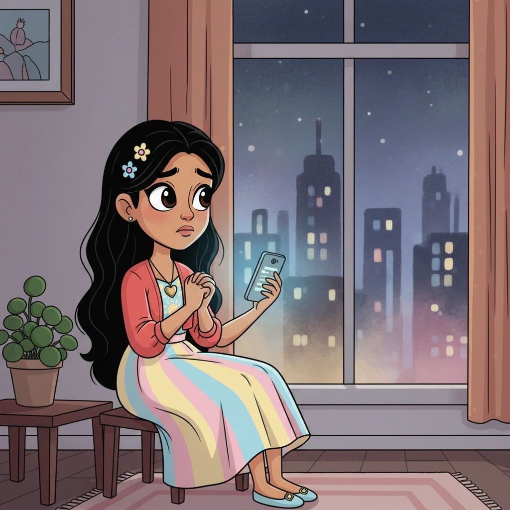 Pranjali sits alone in a subtly melancholic room, her phone screen casting a somber glow on her worried face. A series of blurred, difficult messages or a 'call ended' notification hints at the challenges they faced, while a distant, romantic cityscape outside her window is softened by a faint, artistic blur, mirroring her inner turmoil. She clenches her hands, looking away from the screen.