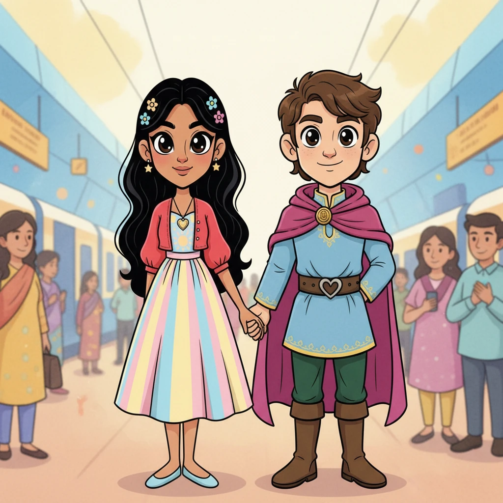 The bustling chaos of Mulund railway station is depicted with soft, impressionistic watercolor strokes, blurring into a romantic backdrop. Pranjali and Aarush stand amidst the crowd, their hands clasped together, an intense, intimate moment of connection cutting through the noise. A close-up on their intertwined fingers emphasizes the power of their first real-life touch.