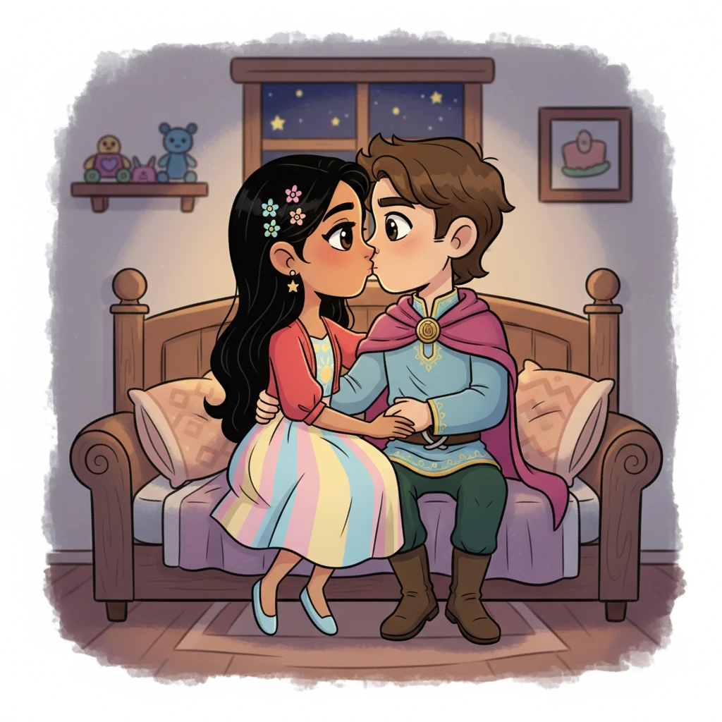 In a cozy, softly lit room, Pranjali and Aarush are intimately close on a sofa-bed, their faces illuminated by a warm, gentle glow. Their anime eyes meet, full of unspoken emotion, before they lean in for a tender kiss, their forms rendered with soft watercolor washes. The moment is deeply romantic, intense, and feels like a dream realized.