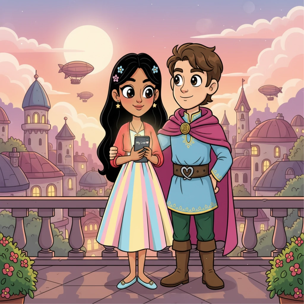 Pranjali and Aarush are together, perhaps one looking at a glowing phone screen with a loving message, the other gazing out at a breathtaking, romantic cityscape bathed in soft, glowing light. Their expressions are serene and content, symbolizing the beautiful blend of their digital and real-life love, a modern fairytale blossoming into a timeless connection.