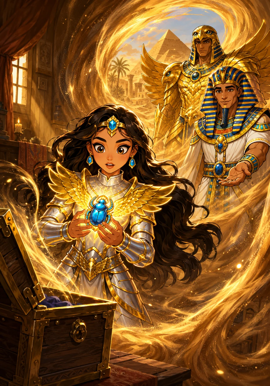 On her seventeenth birthday, Aigerim discovered an ancient, glowing scarab amulet hidden inside her grandmother's old wooden chest. As her fingers brushed the polished lapis lazuli, the room dissolved into a swirl of warm, golden sand.