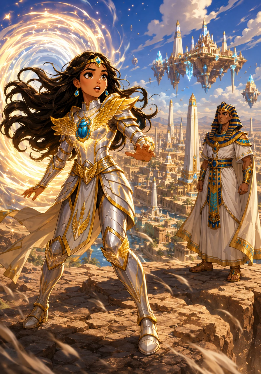 She tumbled out of the light and found herself standing on a vast plateau overlooking Egyptus, a breathtaking kingdom of towering white obelisks and floating crystal temples. The warm desert wind whipped through her hair as she realized she was no longer in her own world.