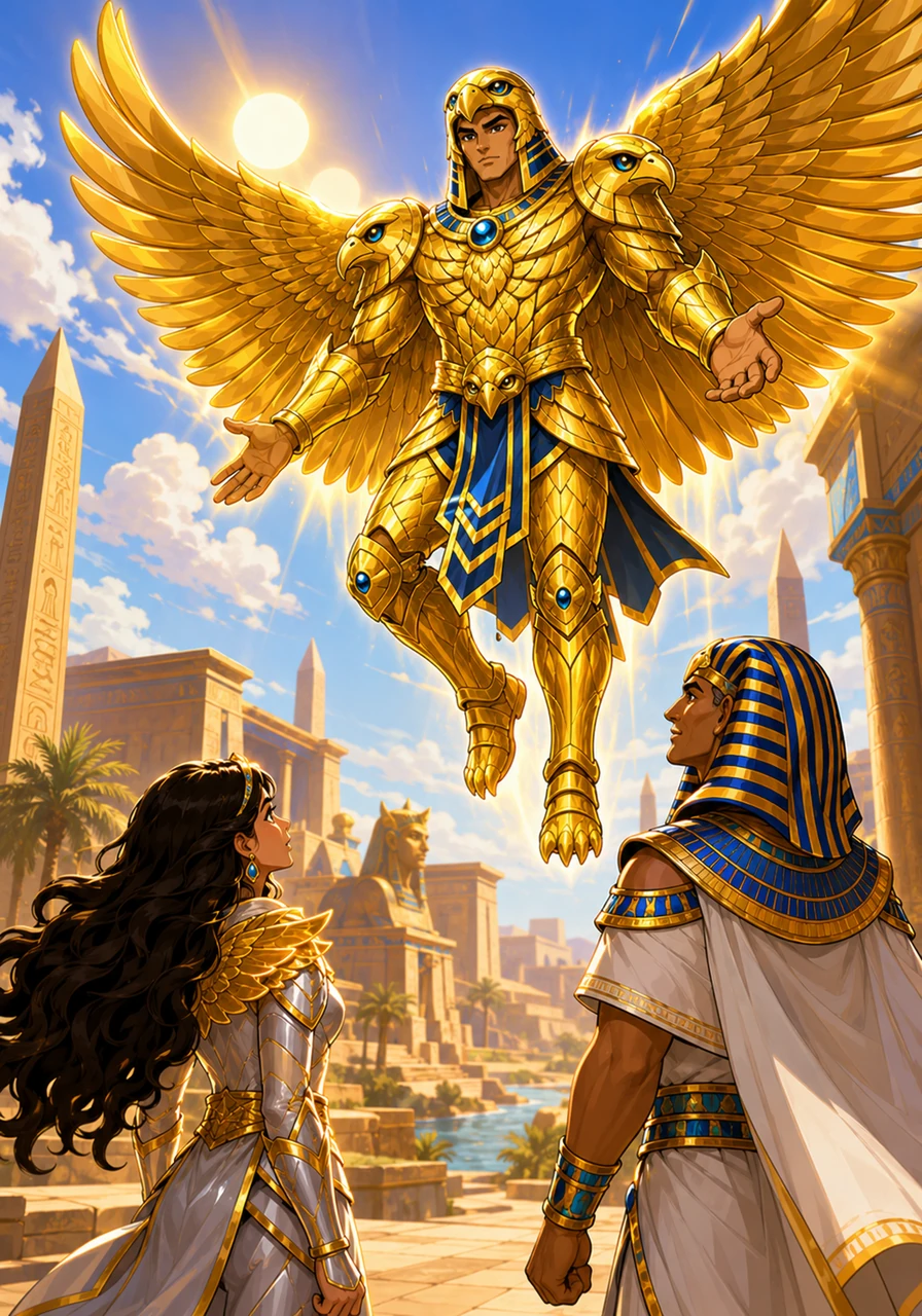 Suddenly, a majestic warrior with the golden armor of a falcon descended from the sky, his wings shimmering in the twin suns. He introduced himself as a guardian of Egyptus, explaining that an ancient prophecy had called a teenage girl from afar to restore balance to their land.