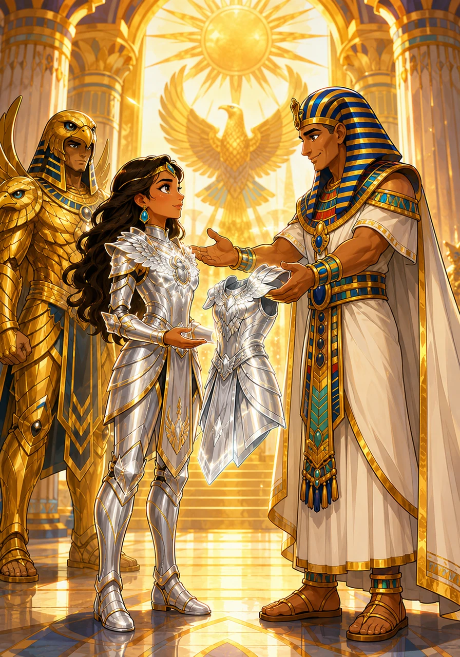 The guardian led Aigerim to the grand Sun Palace, where the wise pharaoh welcomed her with open arms. He bestowed upon her a lightweight, shimmering set of silver armor that seemed to pulse with her own heartbeat.