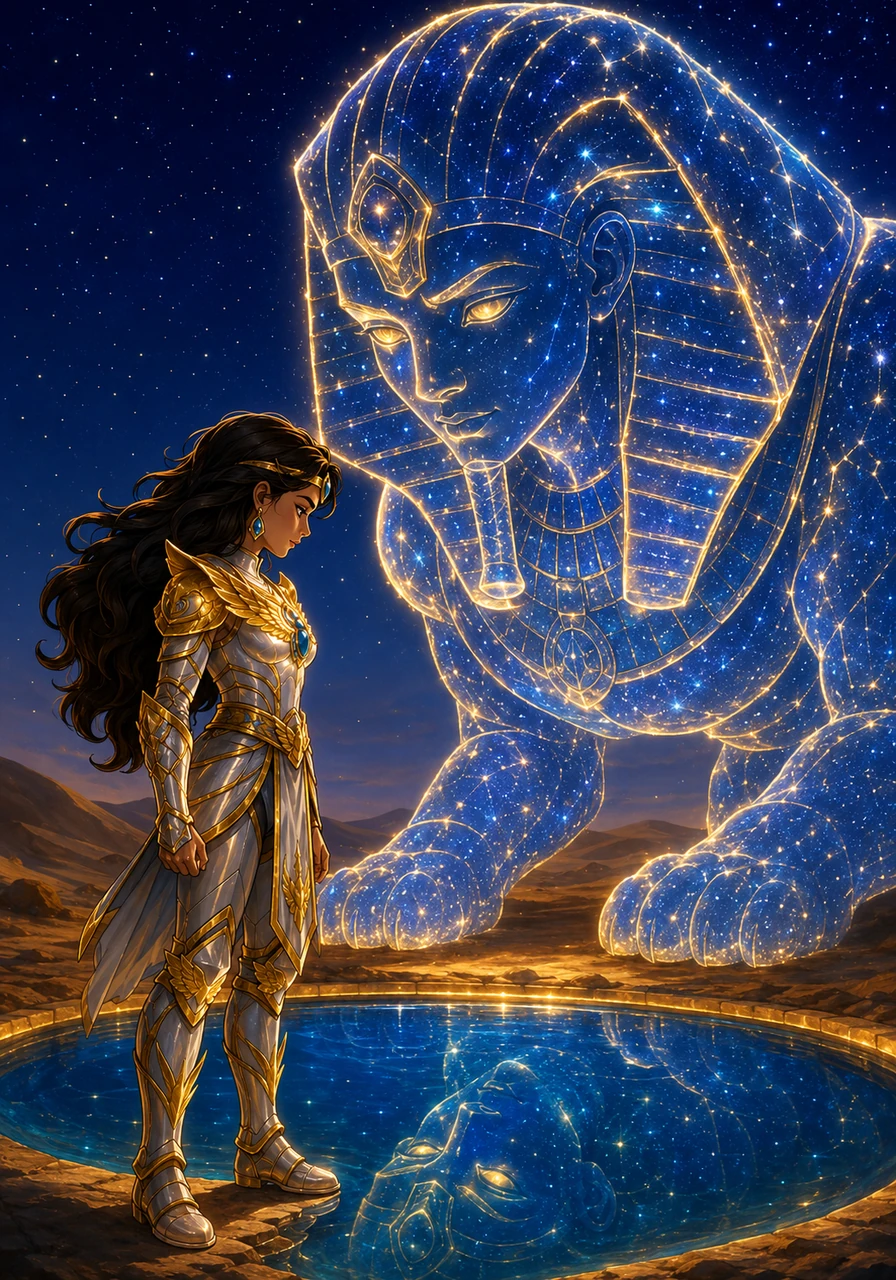 At the peak of the dunes, she encountered a massive, mystical Sphinx made of living starlight who guarded the Pool of Truth. Instead of a riddle, the creature asked Aigerim to look into the water and confront her deepest fears about growing up.