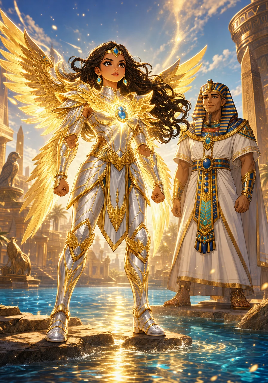 As she gazed into the glowing water, she embraced her independence and strength, causing the amulet around her neck to erupt in a brilliant, warm light. Her silver armor transformed, gaining elegant golden wings that mirrored the guardians of Egyptus.