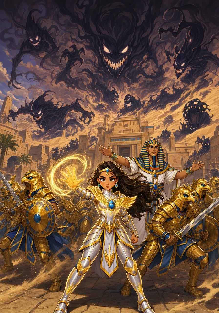 A sudden shadow fell over the land as dark, shadow-monsters born from forgotten nightmares emerged from the dunes to threaten the city. Summoning her newfound courage, Aigerim stood at the front lines alongside the pharaoh's warriors, ready to defend her new friends.