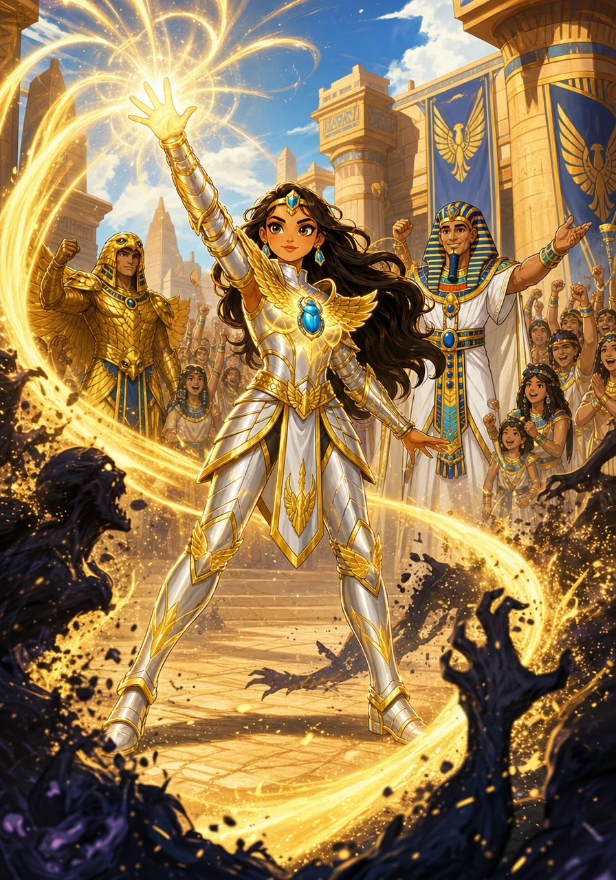 With a wave of her hand, Aigerim channeled the sun's pure energy through her amulet, unleashing a wave of golden light that dissolved the shadow creatures back into harmless dust. The entire kingdom erupted into cheers, celebrating the bravery of the young hero.