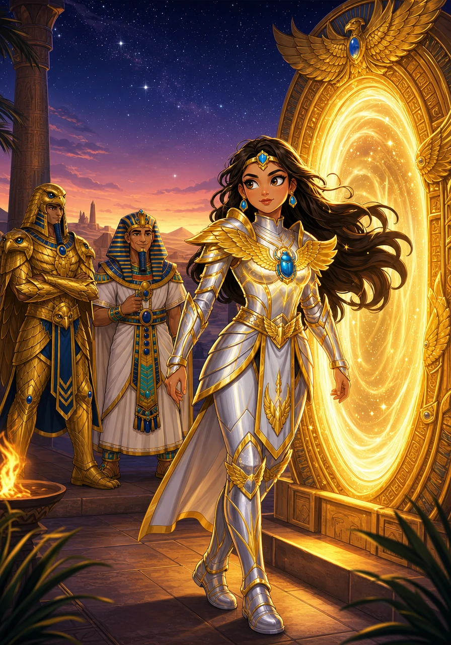 Under a beautiful twilight sky filled with stars, Aigerim stood before a newly opened golden portal that would take her back home. Though she was returning to her ordinary life, she knew she would always carry the magic, courage, and spirit of a true warrior of Egyptus.