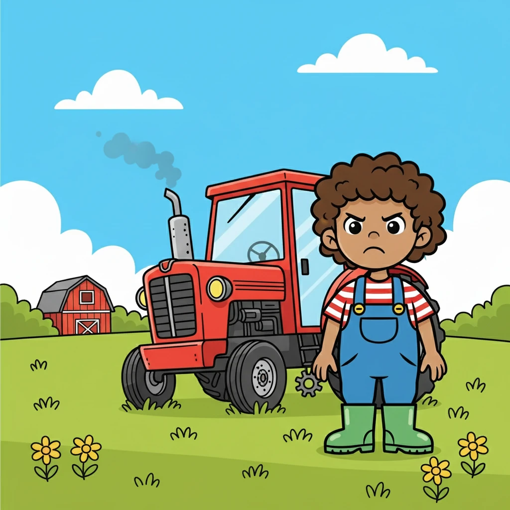 First, the tractor stopped with a clunk! It sat still in the field. Pip looked at it with a frown.